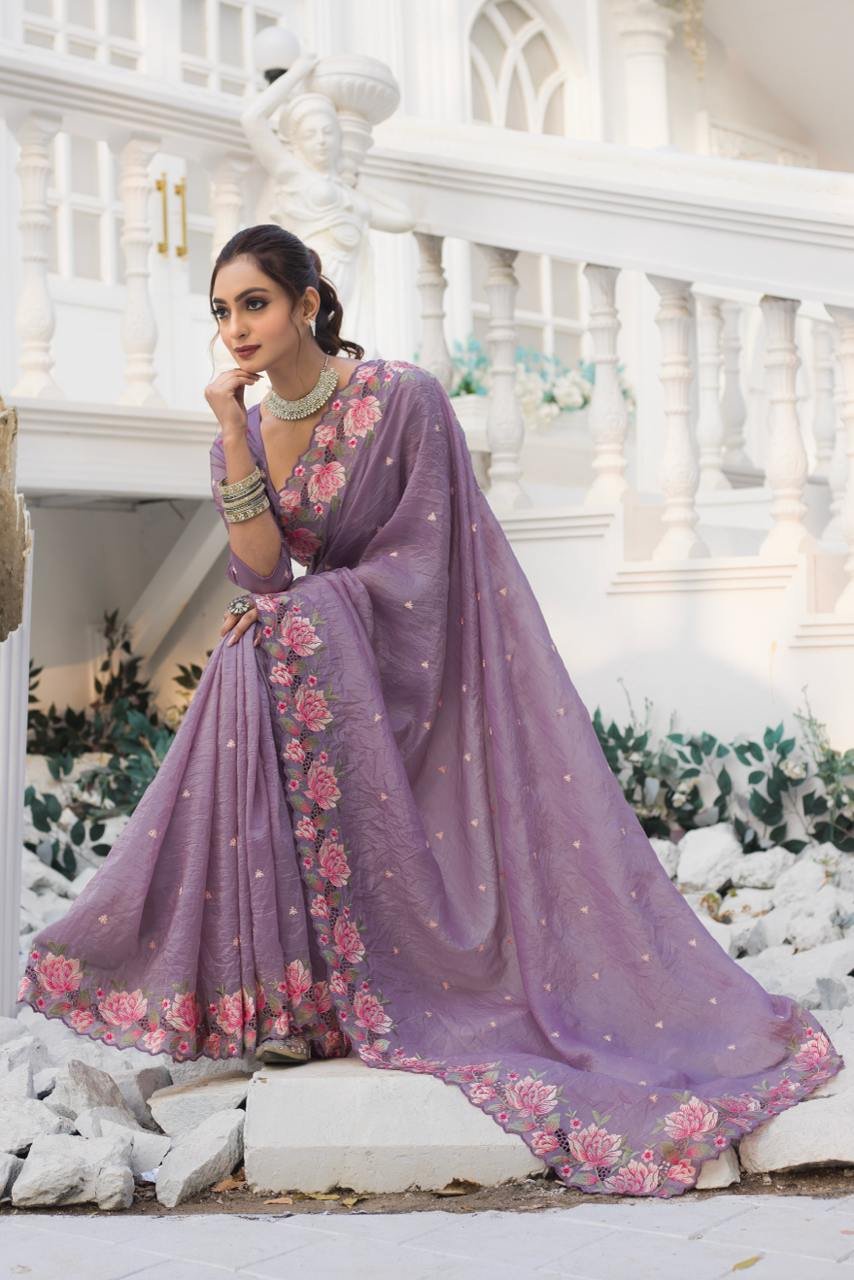 Women's Pristine White Organza Saree with Exquisite Pink & Green Floral Thread Embroidery – Complete with Matching Embroidered Blouse for Festive & Summer Wear - Image 15